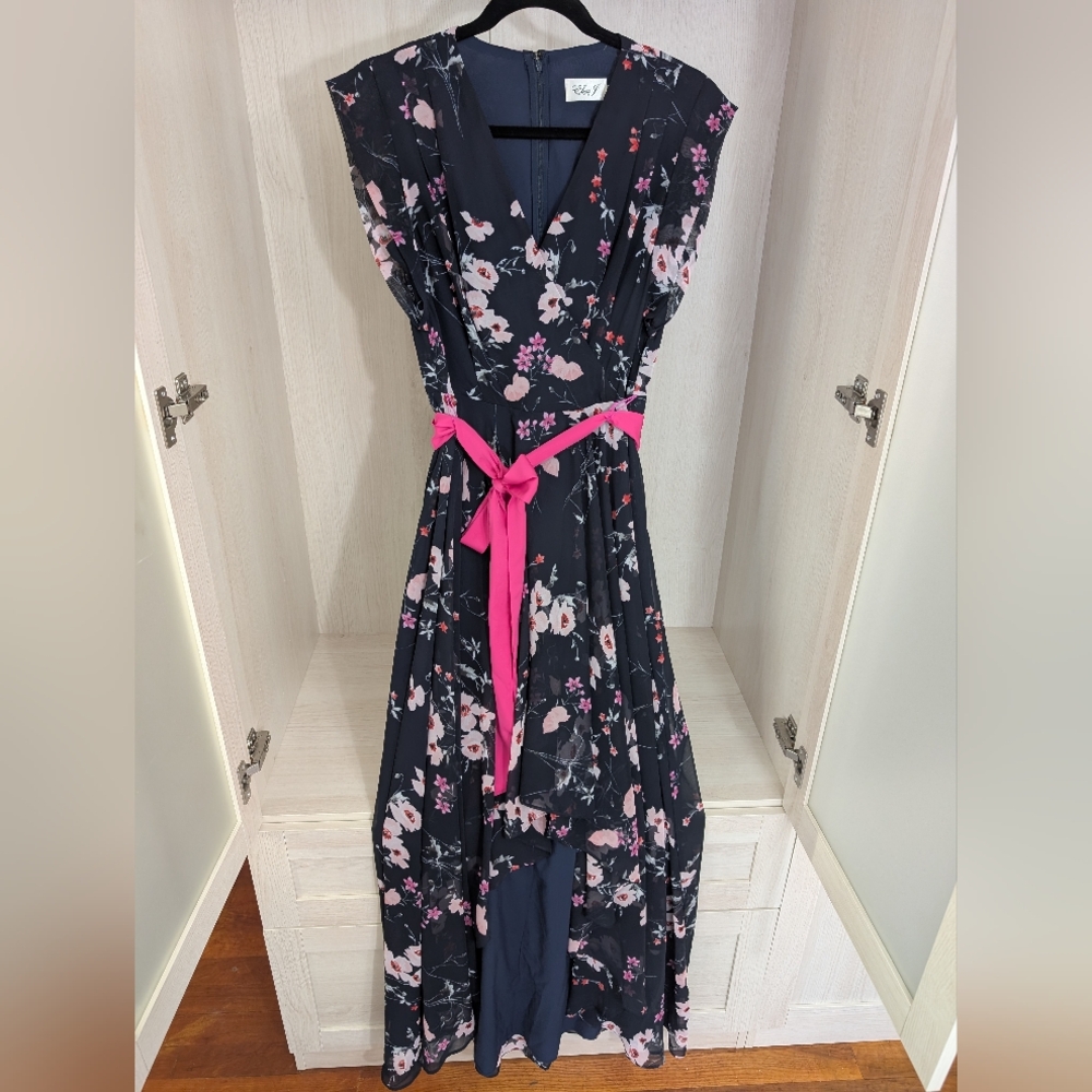 Eliza J Floral Dress with Pink Sash